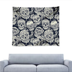 White Floral Sugar Skull Pattern Print Tapestry