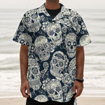 White Floral Sugar Skull Pattern Print Textured Short Sleeve Shirt