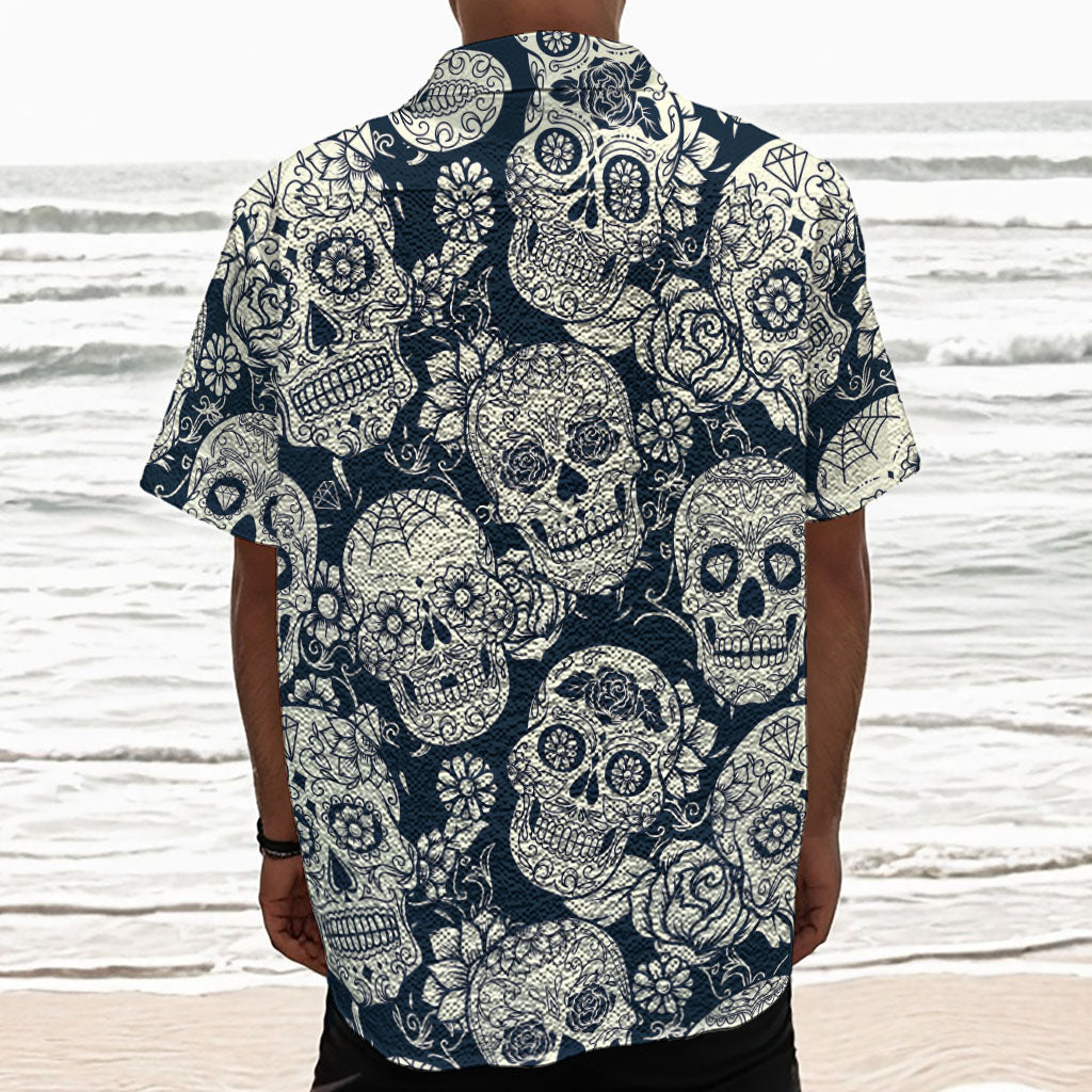 White Floral Sugar Skull Pattern Print Textured Short Sleeve Shirt