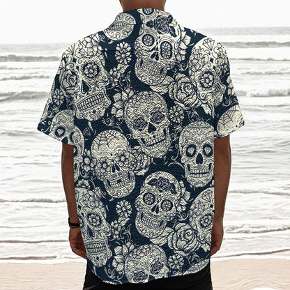 White Floral Sugar Skull Pattern Print Textured Short Sleeve Shirt