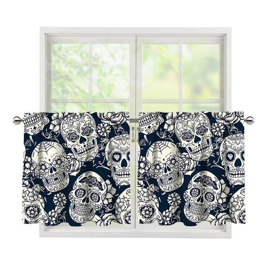 White Floral Sugar Skull Pattern Print Tier Curtains