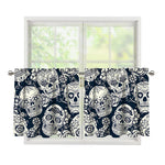White Floral Sugar Skull Pattern Print Tier Curtains