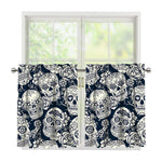 White Floral Sugar Skull Pattern Print Tier Curtains