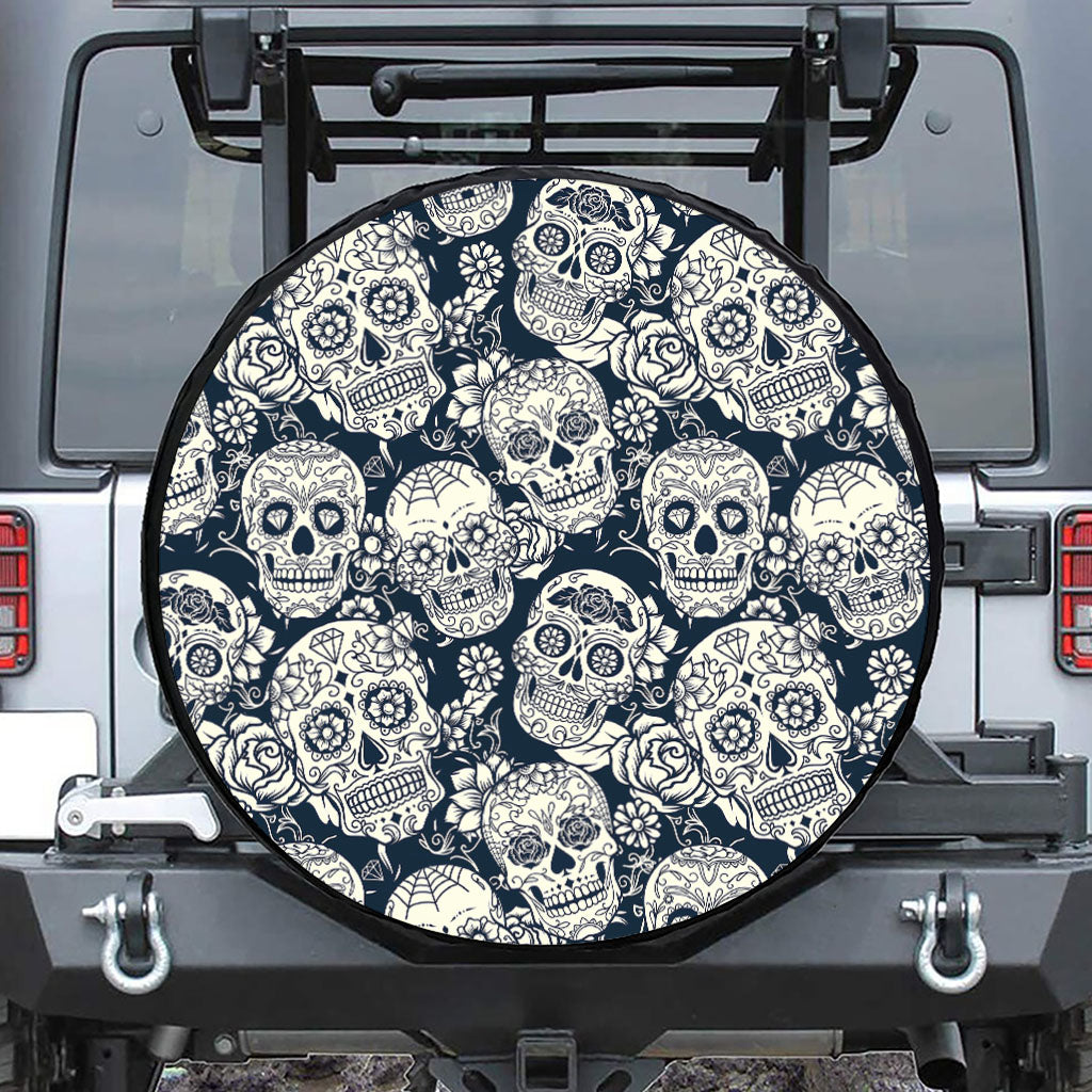White Floral Sugar Skull Pattern Print Tire Cover