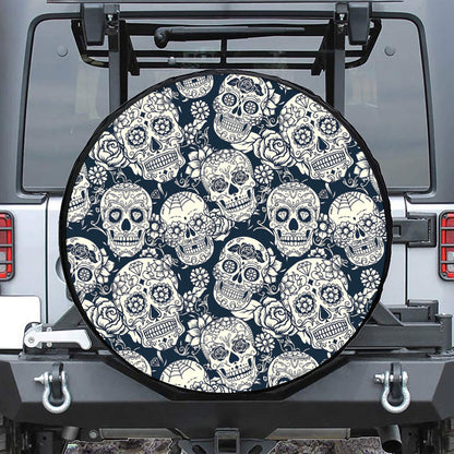 White Floral Sugar Skull Pattern Print Tire Cover
