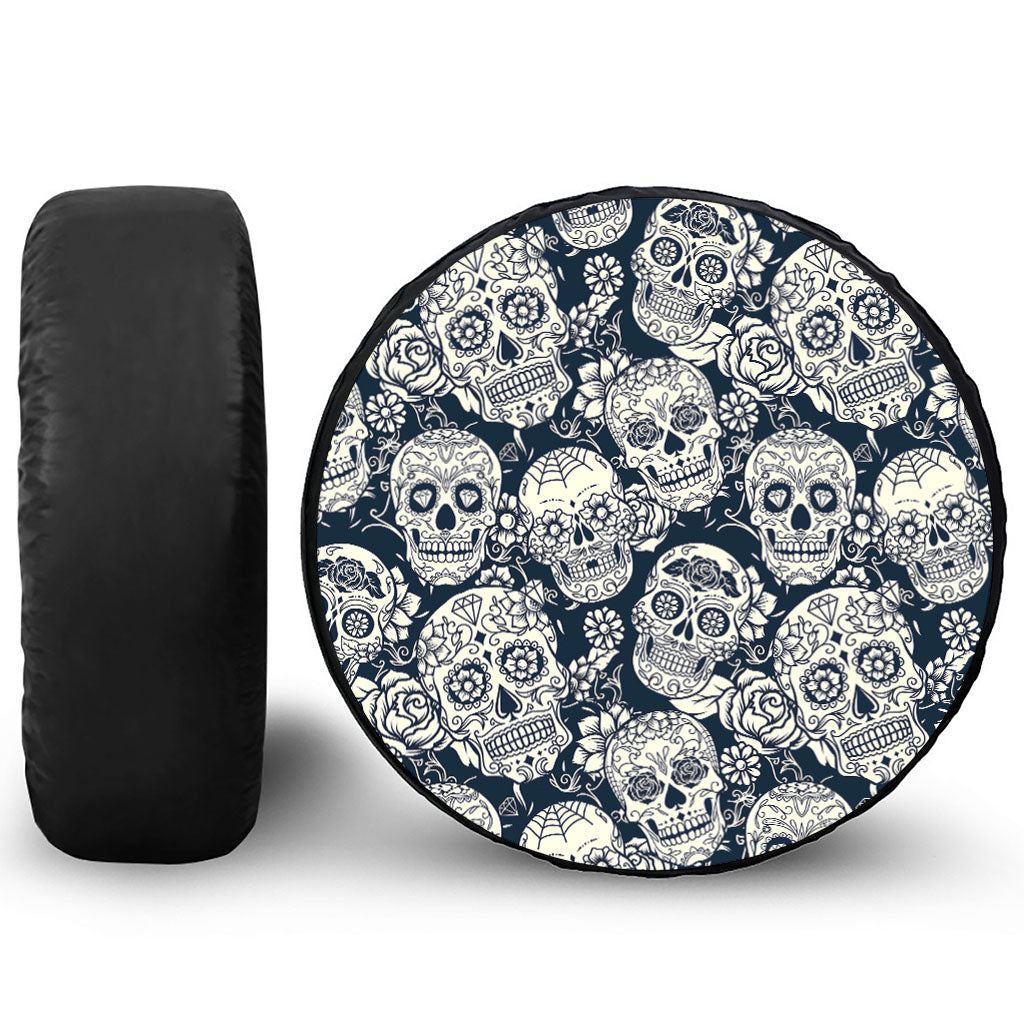 White Floral Sugar Skull Pattern Print Tire Cover