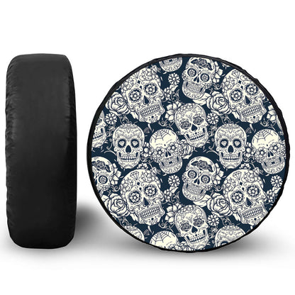 White Floral Sugar Skull Pattern Print Tire Cover