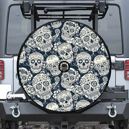 White Floral Sugar Skull Pattern Print Tire Cover With Camera Hole