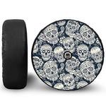 White Floral Sugar Skull Pattern Print Tire Cover With Camera Hole