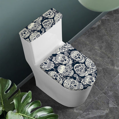 White Floral Sugar Skull Pattern Print Toilet Lid And Tank Cover Set
