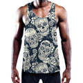 White Floral Sugar Skull Pattern Print Men's Workout Tank Top