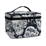 White Floral Sugar Skull Pattern Print Travel Makeup Bag