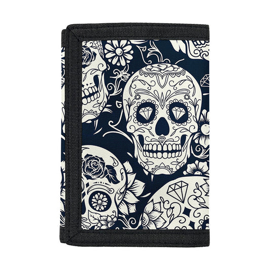 White Floral Sugar Skull Pattern Print Trifold Wallet