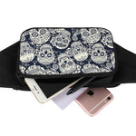 White Floral Sugar Skull Pattern Print Waist Bag