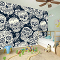 White Floral Sugar Skull Pattern Print Wall Sticker