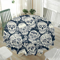 White Floral Sugar Skull Pattern Print Waterproof Round Tablecloth
