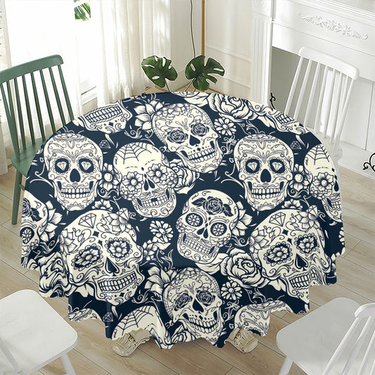 White Floral Sugar Skull Pattern Print Waterproof Round Tablecloth
