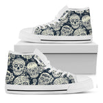 White Floral Sugar Skull Pattern Print White High Top Sneakers