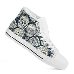 White Floral Sugar Skull Pattern Print White High Top Sneakers