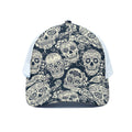 White Floral Sugar Skull Pattern Print White Mesh Trucker Hat