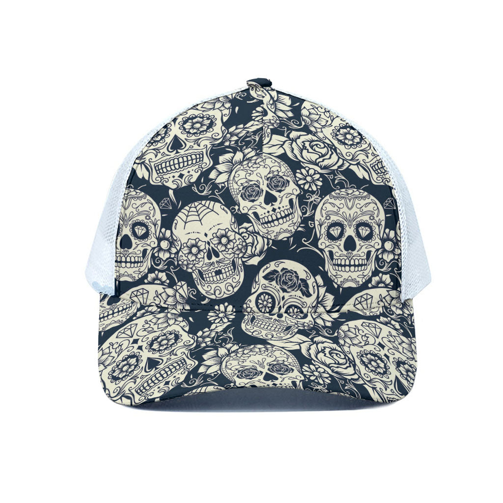 White Floral Sugar Skull Pattern Print White Mesh Trucker Cap