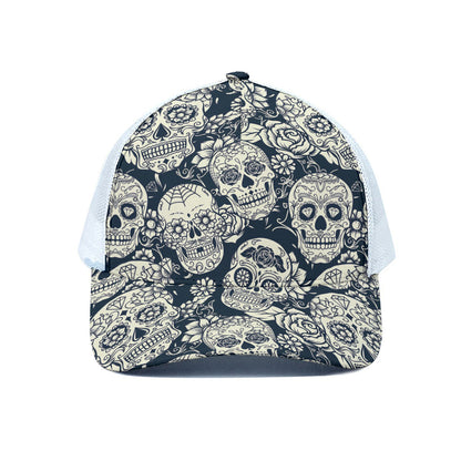 White Floral Sugar Skull Pattern Print White Mesh Trucker Cap