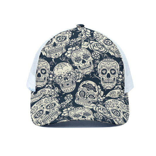 White Floral Sugar Skull Pattern Print White Mesh Trucker Cap