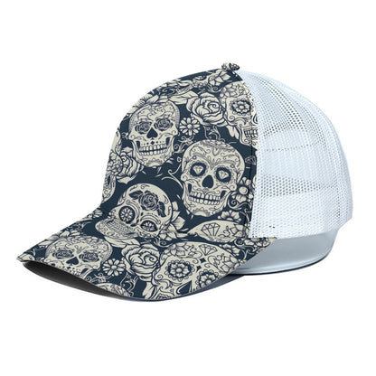 White Floral Sugar Skull Pattern Print White Mesh Trucker Cap