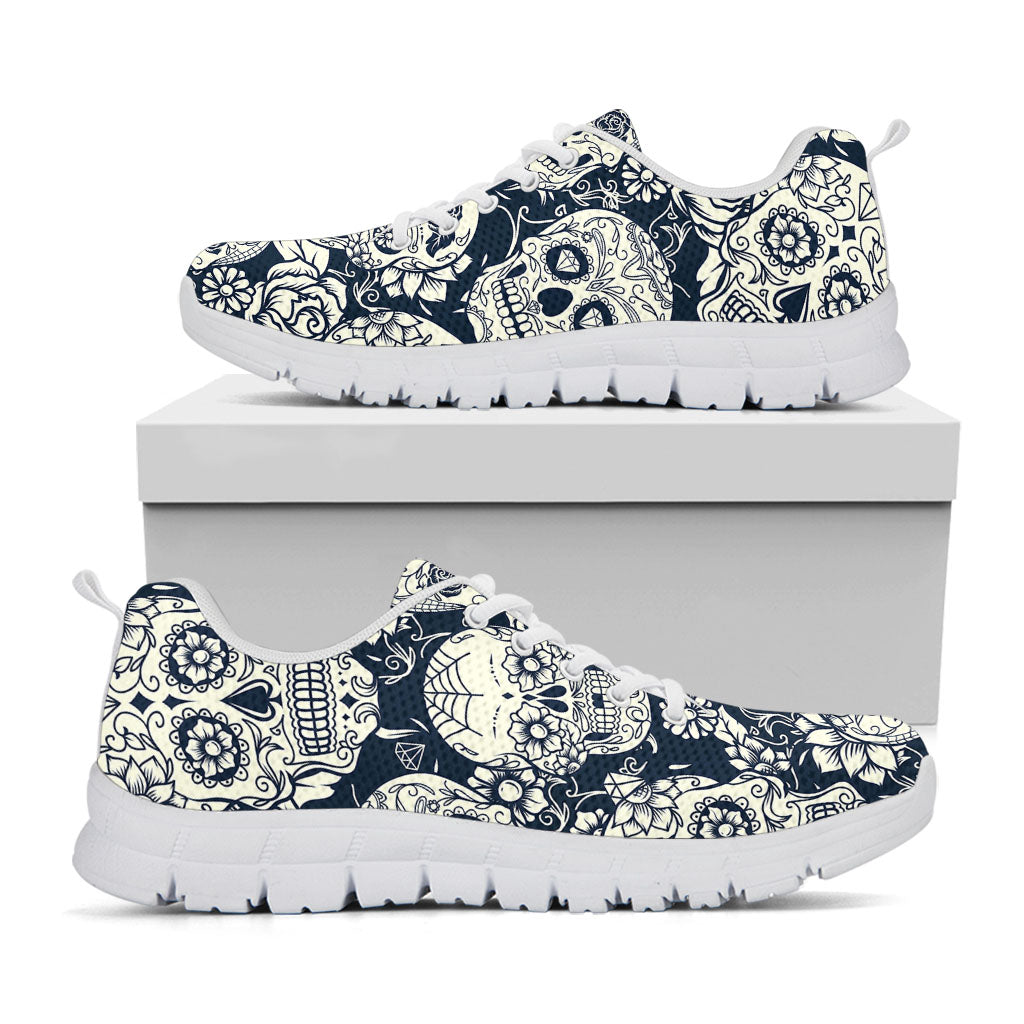 White Floral Sugar Skull Pattern Print White Running Shoes