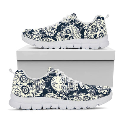 White Floral Sugar Skull Pattern Print White Running Shoes