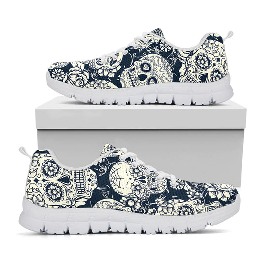 White Floral Sugar Skull Pattern Print White Running Shoes