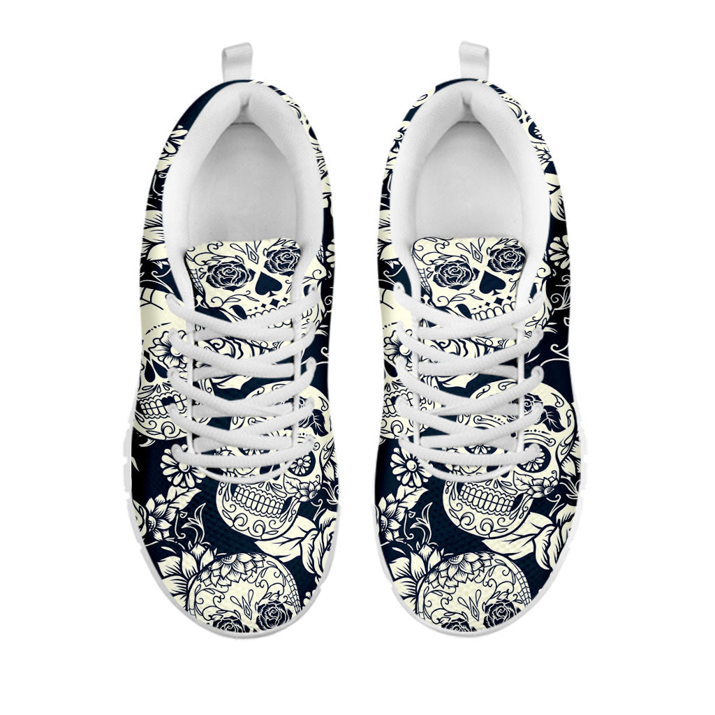 White Floral Sugar Skull Pattern Print White Running Shoes