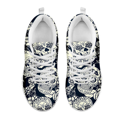White Floral Sugar Skull Pattern Print White Running Shoes