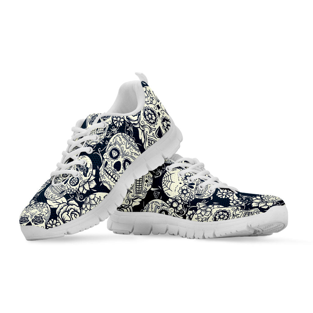 White Floral Sugar Skull Pattern Print White Running Shoes