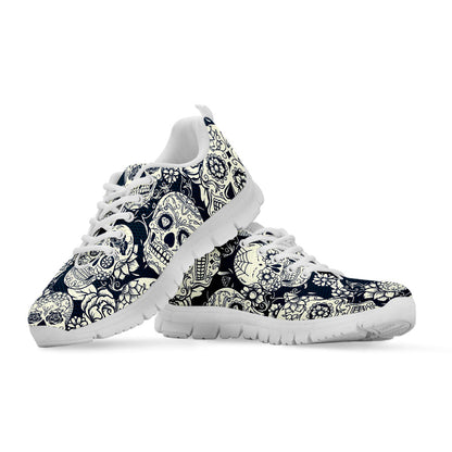 White Floral Sugar Skull Pattern Print White Running Shoes