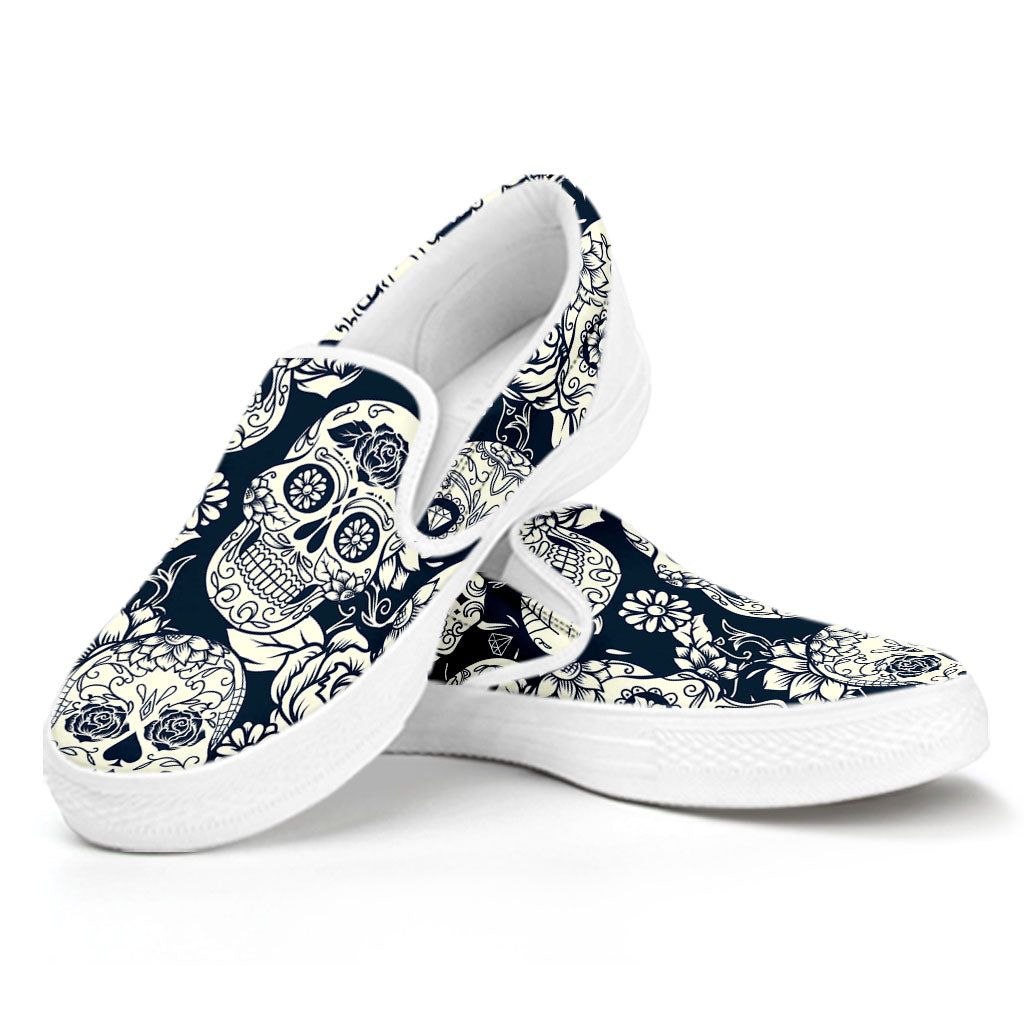 White Floral Sugar Skull Pattern Print White Slip On Sneakers