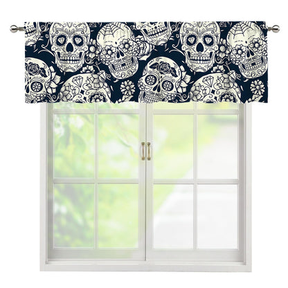White Floral Sugar Skull Pattern Print Window Valance
