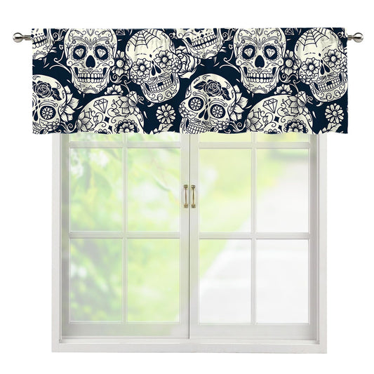White Floral Sugar Skull Pattern Print Window Valance