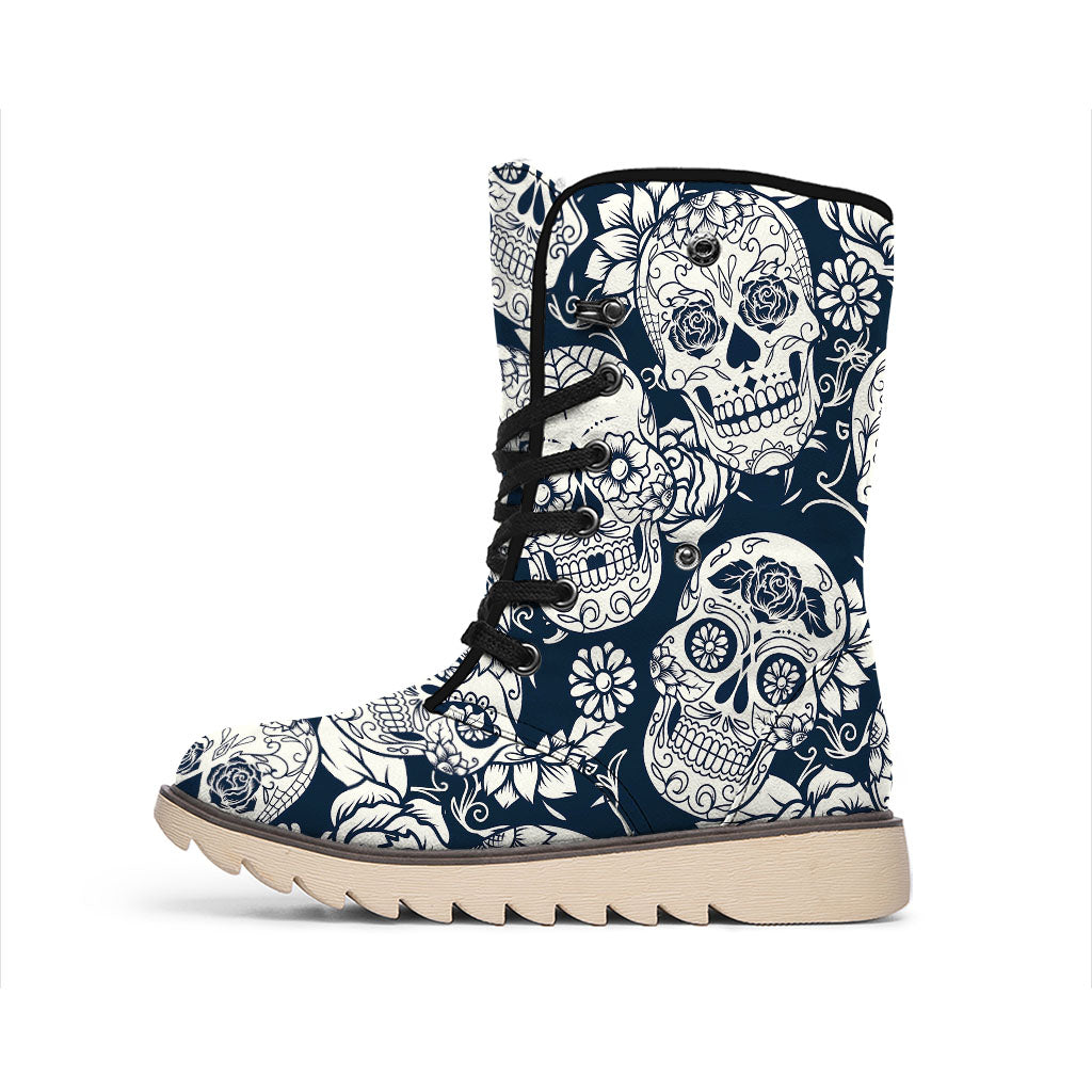 White Floral Sugar Skull Pattern Print Winter Boots