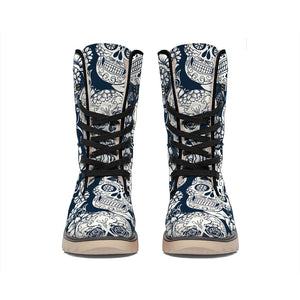 White Floral Sugar Skull Pattern Print Winter Boots