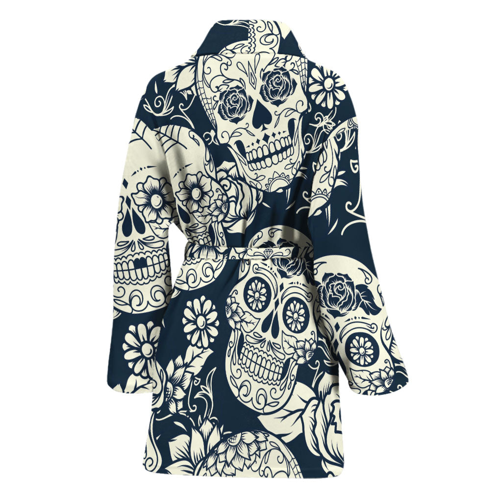 White Floral Sugar Skull Pattern Print Women's Bathrobe