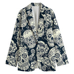 White Floral Sugar Skull Pattern Print Women's Blazer