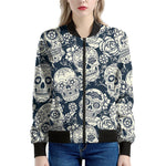 White Floral Sugar Skull Pattern Print Women's Bomber Jacket