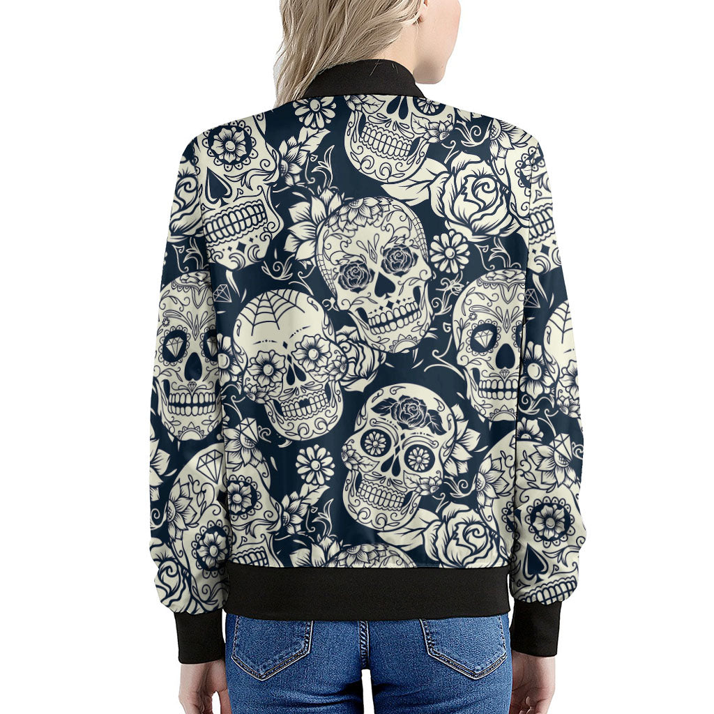 White Floral Sugar Skull Pattern Print Women's Bomber Jacket