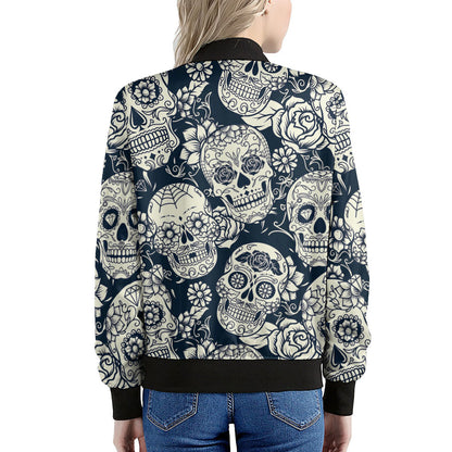White Floral Sugar Skull Pattern Print Women's Bomber Jacket