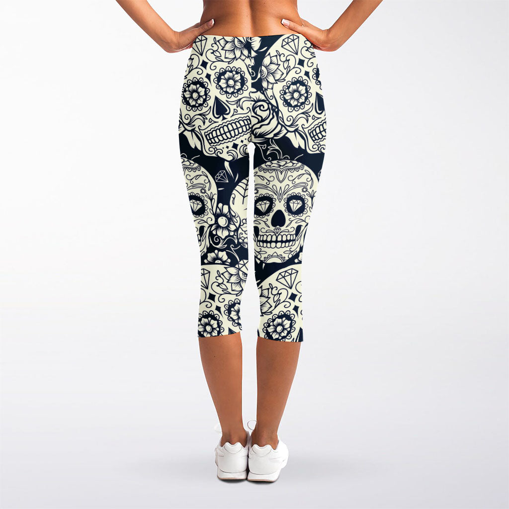 White Floral Sugar Skull Pattern Print Women's Capri Leggings