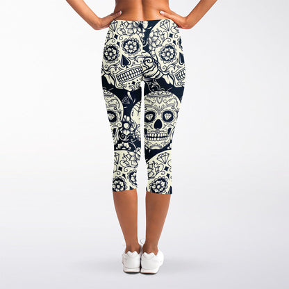 White Floral Sugar Skull Pattern Print Women's Capri Leggings