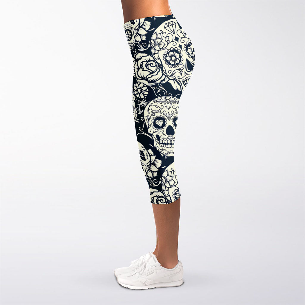 White Floral Sugar Skull Pattern Print Women's Capri Leggings