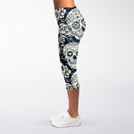 White Floral Sugar Skull Pattern Print Women's Capri Leggings