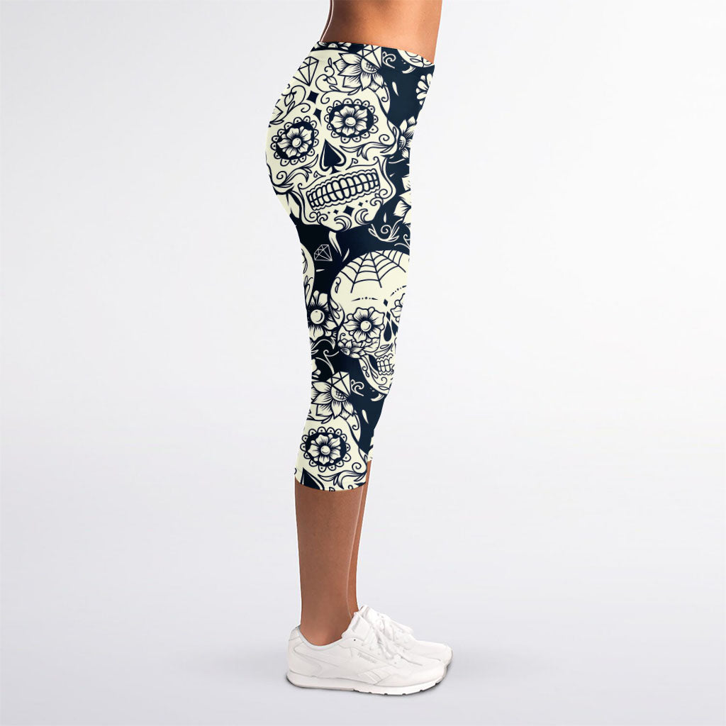 White Floral Sugar Skull Pattern Print Women's Capri Leggings
